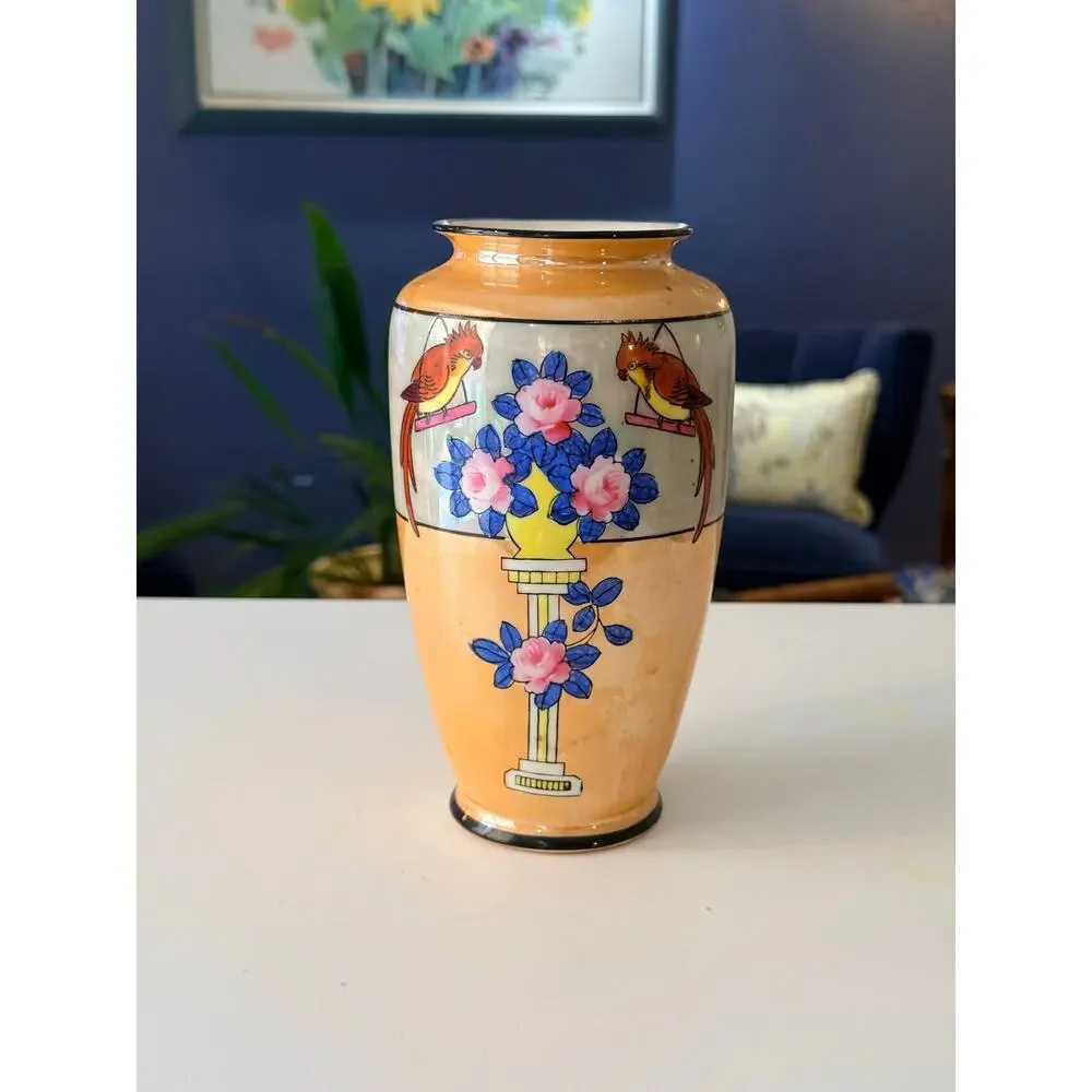 Vintage Hand Painted Japanese Lusterware Vase Parrots & Pink Roses 7.5